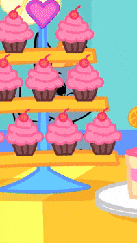 Cartoon gif. Bartleby the cat on "True and the Rainbow Kingdom" walks along a table full of desserts, happily tasting frosting and cookies along the way.