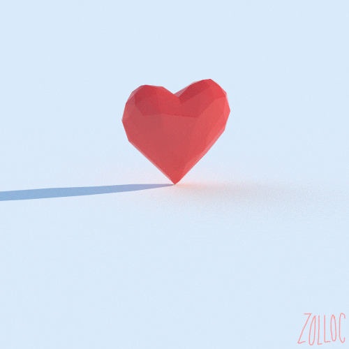 Illustrated gif. Shiny geodesic-faceted heart falls forward and flattens, blending in with the bluish white background.