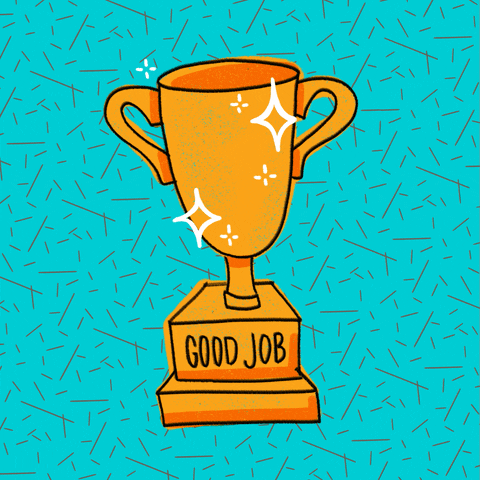 Cartoon gif. A glittering "good job" trophy against an 80s-looking teal pattern background.