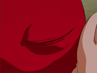 Anime gif. Guts from Berserk looks down as he holds a red creature that opens a large blue eye and stares right at him. Guts flinches in shock.