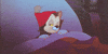 Cartoon gif. Figaro the cat in Pinocchio wears a red sleeping cap and is tucked in bed. He smacks his lips and closes his eyes. He opens one eye and then turns over to his side to sleep.