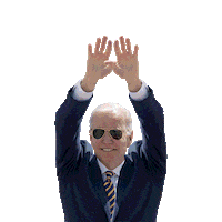 Political gif. Joe Biden, in his signature aviator sunglasses, carves an arc with his hands above his head, revealing a rainbow that says "Better with Biden."