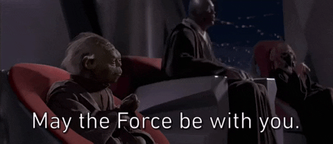 DESCRIÇÃO DA IMAGEM: Personagens Yoda e Mace Windu sentados no conselho dos Jedi enquanto Yoda diz "May the Force be with You"
