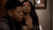 TV gif. Taraji P. Henson as Cookie in Empire kissing Bryshere Y. Gray as Hakeem on the cheek, and pokes him at the dimple stating, "I love you!"