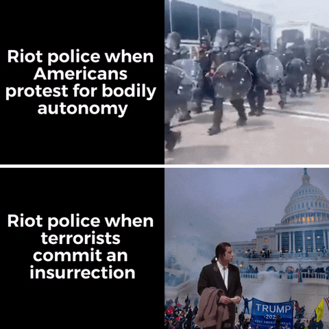 Video gif. Splitscreen. At the top, riot police march toward us with the caption, “Riot police when Americans protest for bodily autonomy.” At the bottom, John Travolta, as Vincent in Pulp Fiction, shrugs and looks around in front of a photo of the January 6 insurrection. Caption, “Riot police when terrorists commit an insurrection.”