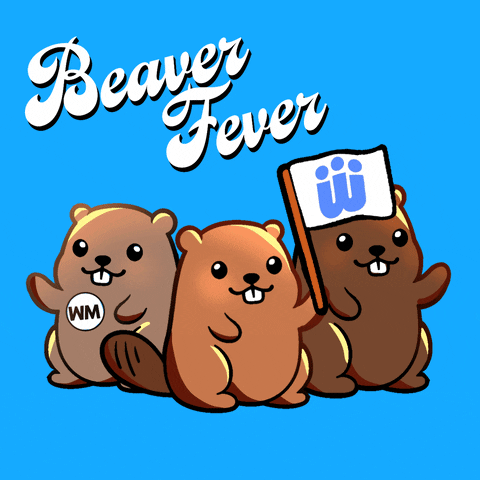 Illustrated gif. Three cartoon beavers on a blue background, waving, one holding a flag with the Women's Convention logo, another wearing a button with the letters "WM," above, feminine disco text that says, "Beaver fever."