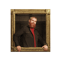 Sponsored sticker gif. Gold-framed portrait of Traitors cast member Wes Bergeman tilts from side to side. 