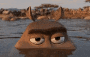 Movie gif. Moto Moto the hippo from Madagascar, only his eyes visible from above the water, raises his eyebrows seductively as if to say, "hello gorgeous."