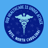 Digital art gif. Blue circular sticker against a light blue background features a light blue medical symbol of a staff entwined by two serpents, topped with flapping wings and surrounded by light blue dancing stars. Text, “Our healthcare is under attack. Vote, North Carolina!”