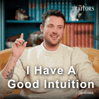 Sponsored gif. Traitors cast member Dylan Efron smiles and holds his pointed hand up while mouthing, “I have a good intuition.” Text also reads, “I have a good intuition.”