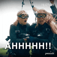 Sponsored gif. Traitors cast members Britney Haynes and Dolores Catania cling to each other and scream as they’re slowly lifted into the air by a single rope attached to harnesses they wear. They also have bags of cash strapped to their waists. Text reads, “Ahhhhh!”
