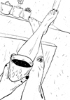 Illustrated gif. POV of a woman's legs reclined up, foot tapping, a cup of coffee in her hand, flowers around, tattoo art dancing in the wind. 