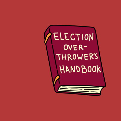 Illustrated gif. Red book on a red background with the title "Election overthrowers handbook," opens up, "lies" across every page.