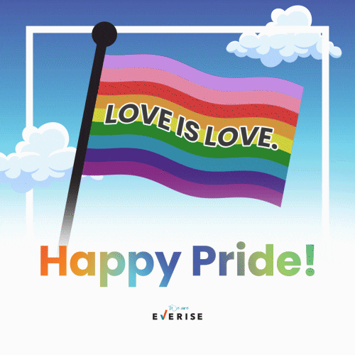 Digital art gif. The Gilbert Baker Pride Flag waves in a cloudy blue sky. Text, “Love is Love. Happy Pride.”