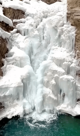 Waterfall Partially Freezes Over in Alberta