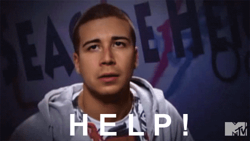 Reality TV gif. Vinny from Jersey Shore is being interviewed and he looks up dramatically as he yells, "Help!"
