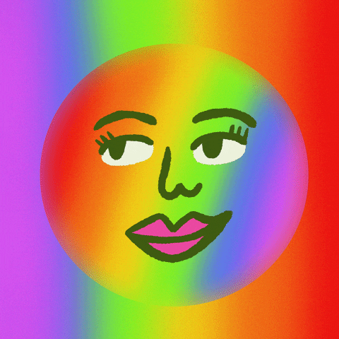 Digital art. Rainbow smiley face looks over to the side and waggles its eyebrows up and down with a smirk spread on its face.