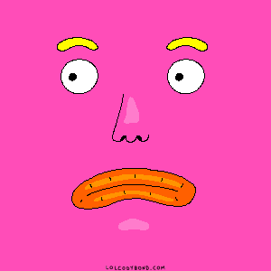 Digital art gif. Huge pink face looks side to side before splitting into a big grin. Its eyes water and mouth bleeds when it grins.