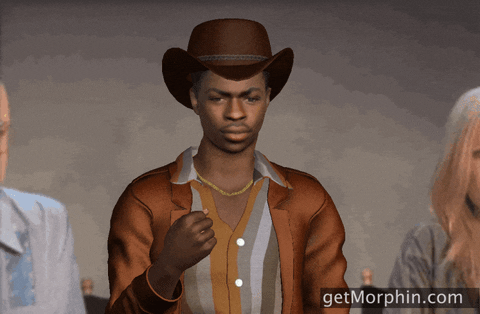 Digital art gif. A digitized avatar of Lil Nas X wearing a cowboy hat tosses confetti.