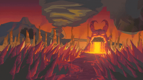 South Park gif. Scene of hell with spikes lining a dark pathway and the entrance door being the mouth of a demon cave.