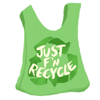Digital art gif. Cartoon of a green single-use plastic bag rocking back and forth. On the bag is a green recycling symbol, along with the words, "Just f'in recycle."