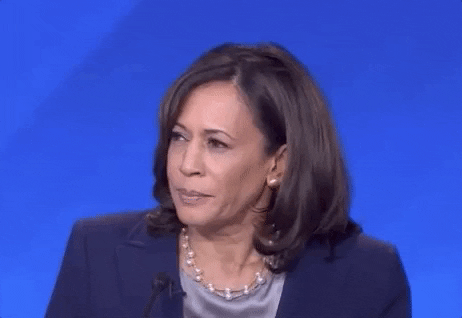 Political gif. Kamala Harris on the Democratic Debate tilts her head and smiles sarcastically like she's thinking, "Well, not exactly." 