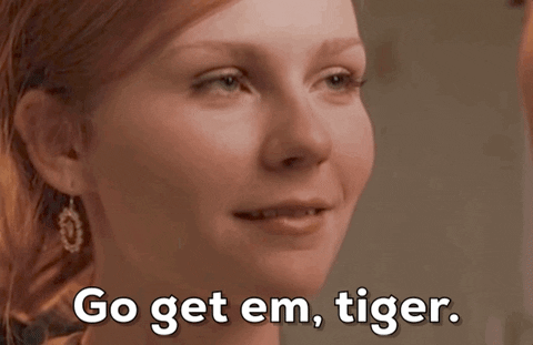 Movie gif. Kirsten Dunst as Mary Jane Watson in Spiderman. Her eyes gleam and she smiles warmly. Text reads, "Go get em, tiger."