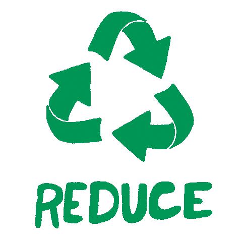 Digital art gif. Cartoon of a green "recycle" sign rotates its arrows around and around. Each time the arrows move, a new work appears in green font: "Reduce, reuse, recycle."