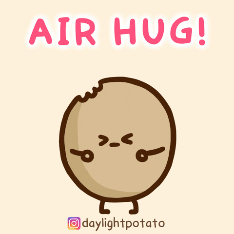 Kawaii gif. An exuberant potato squints, then opens its eyes and arms wide as it blows a big kiss that sends several pink and purple hearts into the air. Text, "Air hug!"