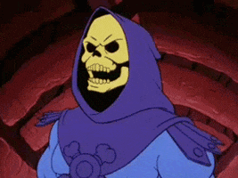 TV gif. Skeletor grimaces, leans back and punches the air as he screams.