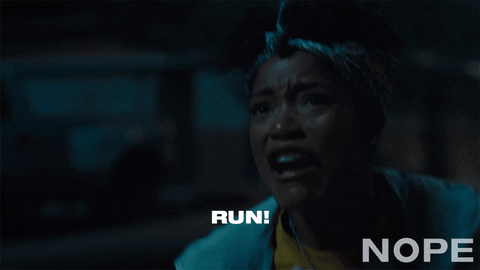 Movie gif. Keke Palmer as Emerald in Nope. She is in a state of terror and panic and she yells, "RUN," knowing that they're in a life or death situation.