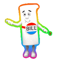 Digital art gif. Bill from Schoolhouse Rock with a glowing rainbow rim, dancing in place, limited by his lack of hips, waving two small pride flags around with verve.