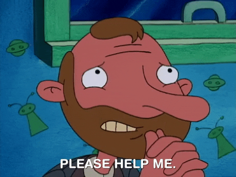Cartoon gif. Oskar on Hey Arnold has his hand clapped together in front of his face. He looks up, batting his eyes, with a worried look on his face. Text, “Please help me.”