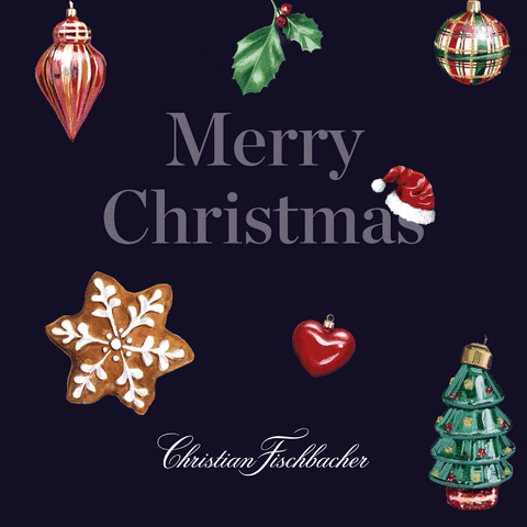 Digital art gif. Painted illustrations of Christmas icons: Four sparkling ornaments, a slowly rotating snowflake cookie, and a swaying sprig of holly against a dark blue background. Text, "Merry Christmas" with a Santa hat on the "S".