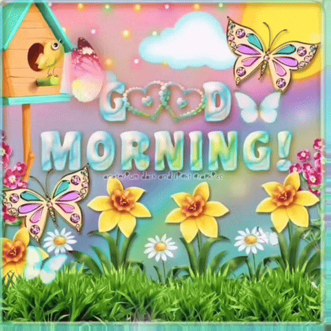 Digital art gif. Grassy garden scene with daffodils and daisies, a bird perched on a birdhouse, gemstone butterflies and fluttering butterflies, pastel rainbow skies with marquee lights a white cloud and a yellow sun, glowing orbs cycling through, all around a message in opalescent bubble lettering, the double Os replaced by heart shaped pearl jewelry. Text, "Good morning."