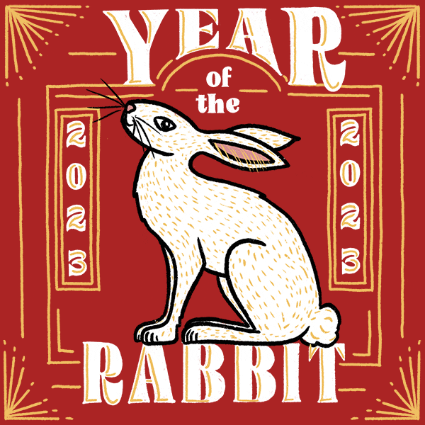 Digital art gif. Illustrated white jackrabbit proud and happy, framed by gold art deco-inspired design work on a vermillion background with typography that reads, "Year of the Rabbit, 2023, 2023."