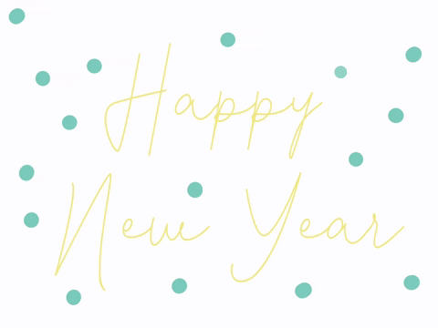 Text gif. White background with polka dots that change from yellow, pink, and blue. The text also changes from yellow, pink, and blue. Text, “Happy New Year.”