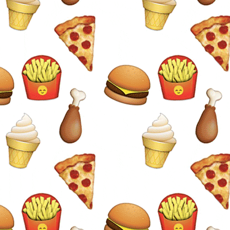 Digital art gif. Unending Hamburgers, fried chicken, pizza, french fries and ice cream rain down. 