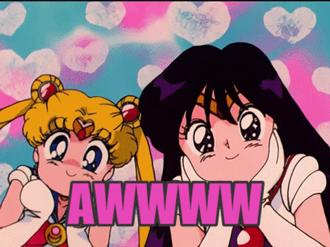 Anime gif. Sailors Moon and Mars from Sailor Moon beam with stars in their eyes as their hands rest gently on their cheeks. Text, "Aww."