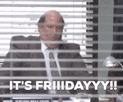 The Office gif. Brian Baumgartner as Kevin Malone is seen through the blinds of an office window. He's spinning around in an office chair gleefully. Text, "It's Friiidaaay!!!"