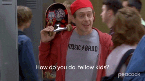 A gif showing Steve Buscemi holding a skateboard, wearing a backward red baseball cap and a t-shirt while saying, “How do you do, fellow kids?” The caption reads, A gif showing Steve Buscemi holding a skateboard, wearing a backward red baseball cap and a t-shirt while saying, “How do you do, fellow kids?” The caption reads,