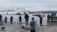 Onlookers Clap as Navy Hospital Ship 'Comfort' Escorted Into New York Port During COVID-19 Pandemic