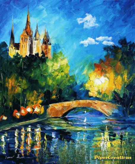 Pipercreations Castle Oilpainting Bridge Greenery Nature Butterfly Clouds Water GIF