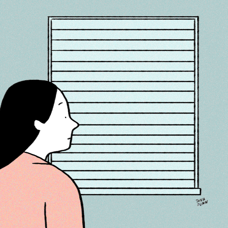 Illustrated gif. Woman sits in front of her closed window when the blinds are raised to reveal her next door neighbor holding up a sign saying, "I love you." The woman remains expressionless as the blinds immediately come back down.