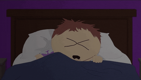 South Park gif. Cartman tosses and turns and writhes in bed with closed crossed eyes.