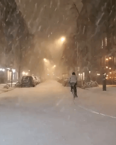 Manhattan Cyclist Braves Nor'easter Wind and Snow