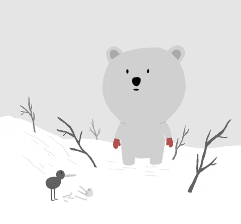 Digital art gif. Light gray polar bear with tiny red mittens stands in the snow and gazes innocently at a bird pecking away at another bird who froze to death in the snow.