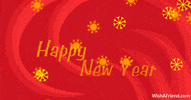 Digital art gif. The words “Happy New Year” appear, surrounded by red swirls and falling yellow snowflakes.