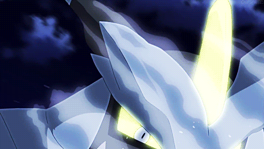 Pokemon gif. Pokemon black kyurem ascends into the night sky and generates a ball of blue lightning around itself. 