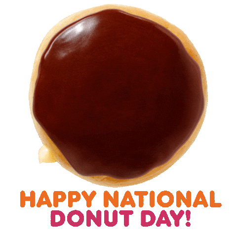 Sponsored sticker gif. Montage flashes through different donuts including a Boston creme, pink frosted with sprinkles, chocolate frosted with sprinkles, and white frosted with sprinkles. Pink and orange text below the donuts reads, “Happy National Donut Day!”